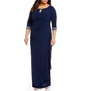 ALEX EVENINGS Round Embellished Cuff Gown Size 18 Navy Blue Keyhole Neck Ruched
